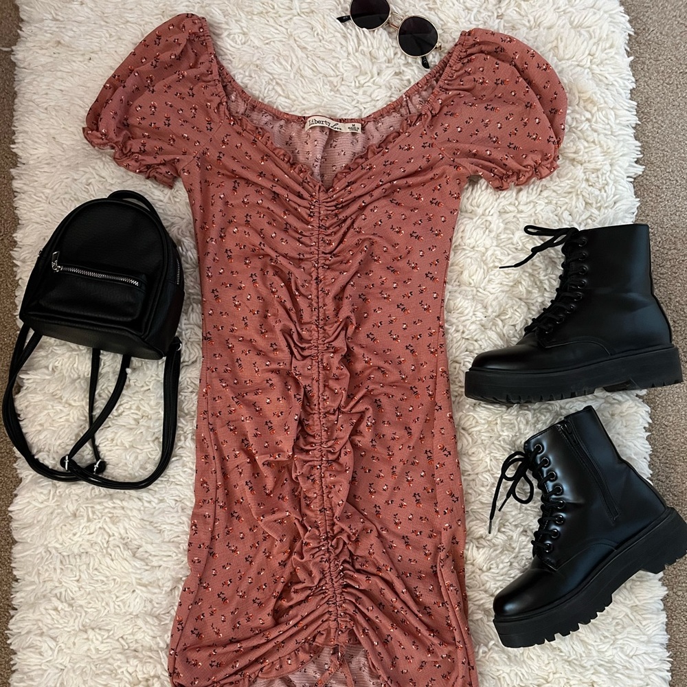 Blush Pink floral ruched draw string dress